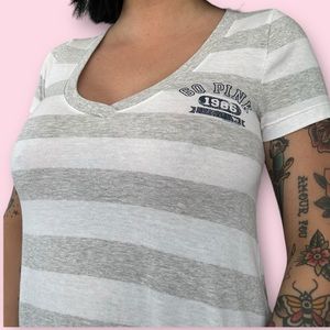 Y2k grey striped Victoria’s Secret PINK v neck graphic tee